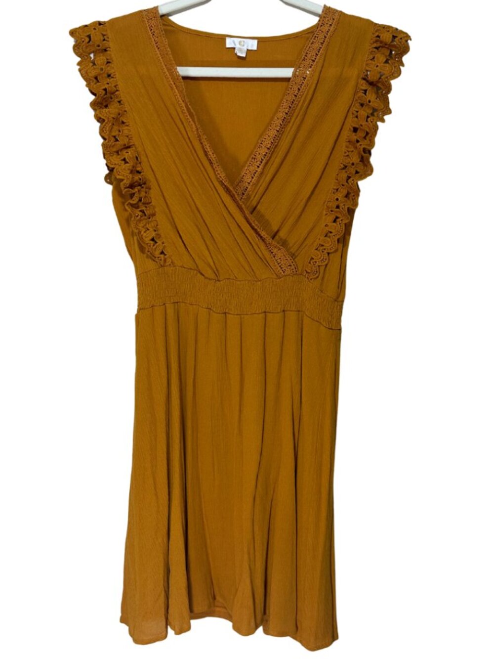 Sleeveless Ruffle Lace Trim Mustard Wrap‑Style Dress — Size Small